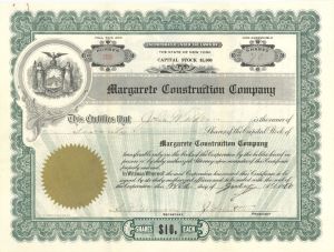 Margarete Construction Co.  - 1913 or 1916 dated Stock Certificate Uncanceled