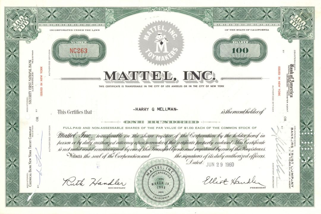 Mattel, Inc.  - 1960 dated Stock Certificate