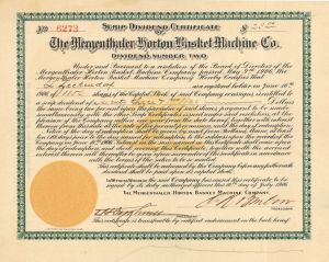 Mergenthaler-Horton Basket Machine Co. - dated 1906 Dividend Certificate