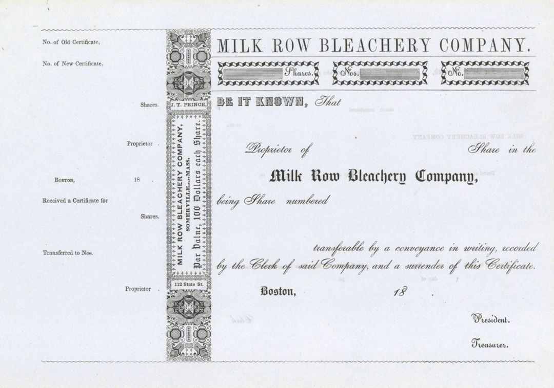 Milk Row Bleachery Co.  - Unissued Stock Certificate