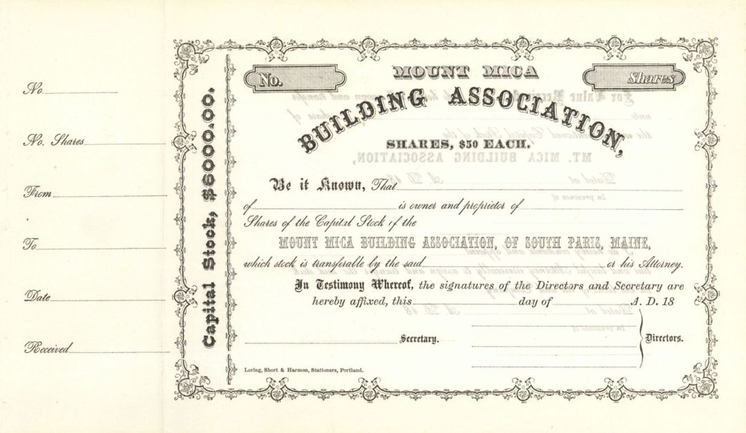 Mount Mica Building Assoc.  - Unissued Stock Certificate