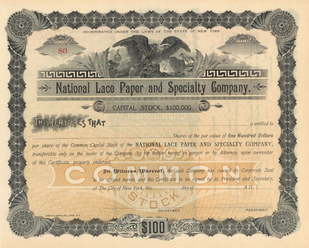 National Lace Paper and Specialty Co.  - Unissued Stock Certificate