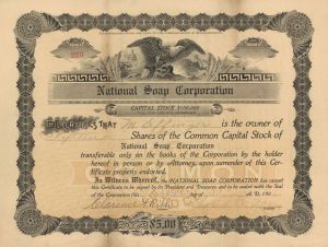 National Soap Corp.  - 1906 dated Stock Certificate (Uncanceld)