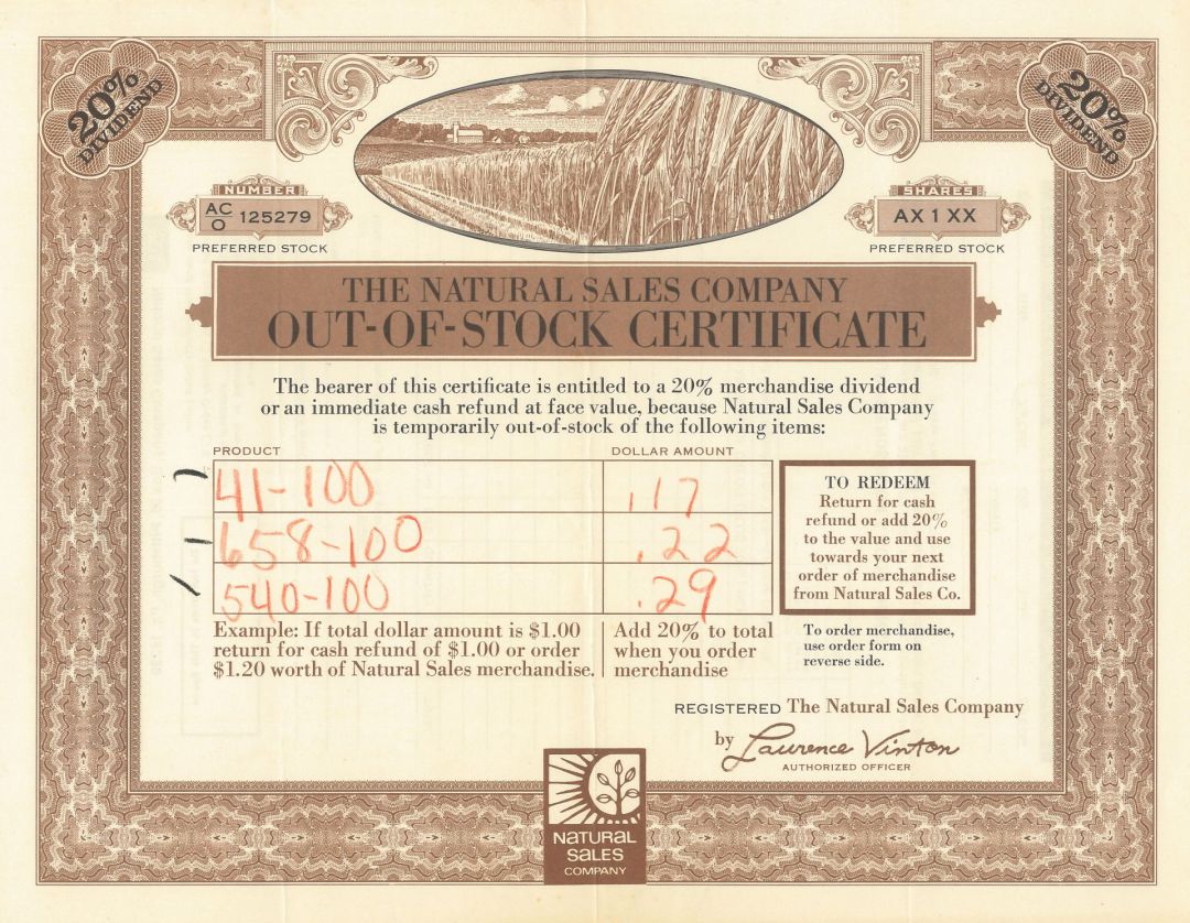 Natural Sales Co. - circa 1940's Out-Of-Stock Certificate