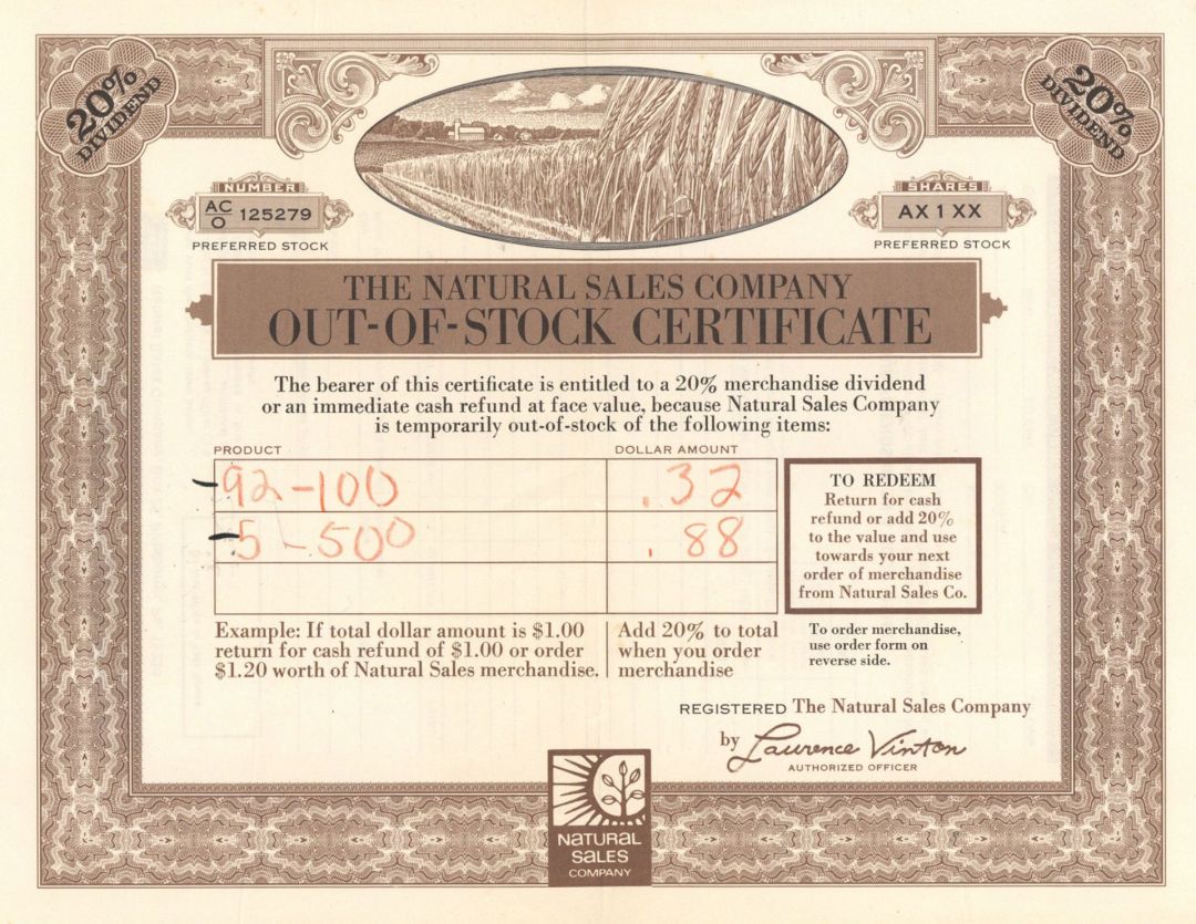 Natural Sales Co. - circa 1940's Out-Of-Stock Certificate