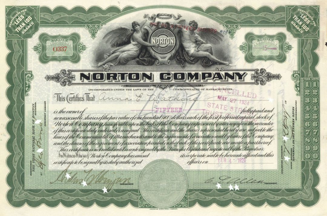 Norton Co.  - 1920 dated Stock Certificate