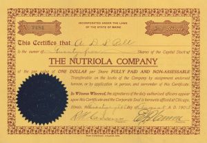 Nutriola Co. - 1905 dated Stock Certificate (Uncanceled) - Signed by Edgar F. Hanson