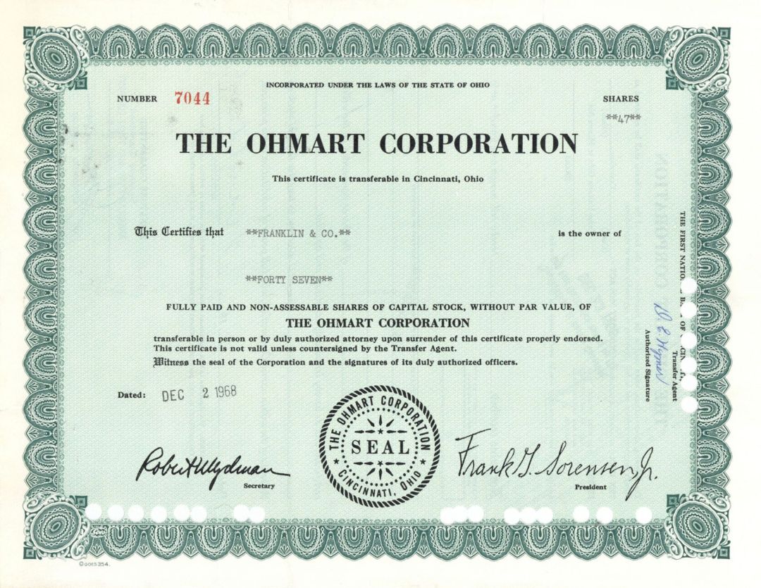 Ohmart Corp.  - 1968 dated Stock Certificate