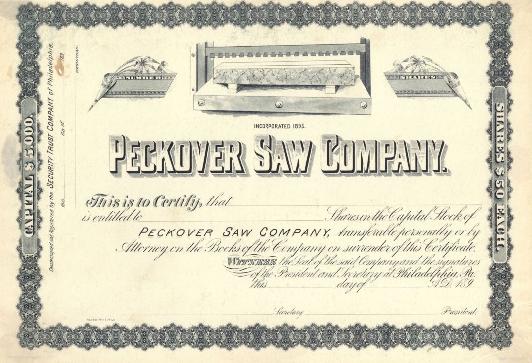 Peckover Saw Co.  - Unissued Stock Certificate