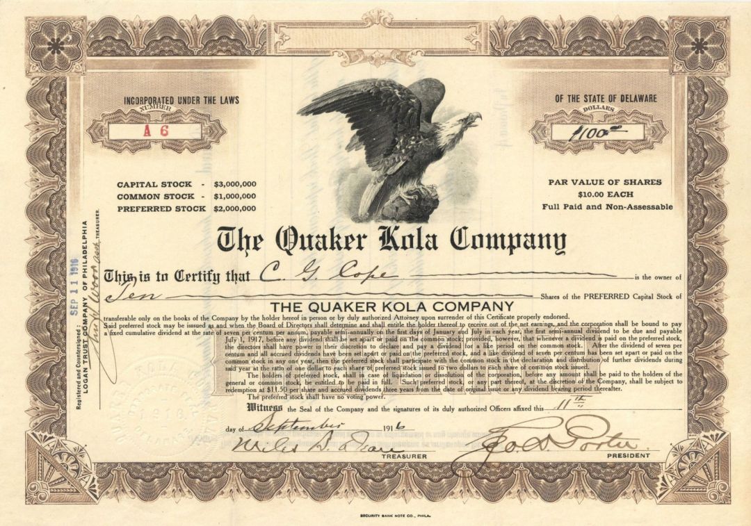 Quaker Kola Co.  - 1916 dated Stock Certificate (Uncanceled)