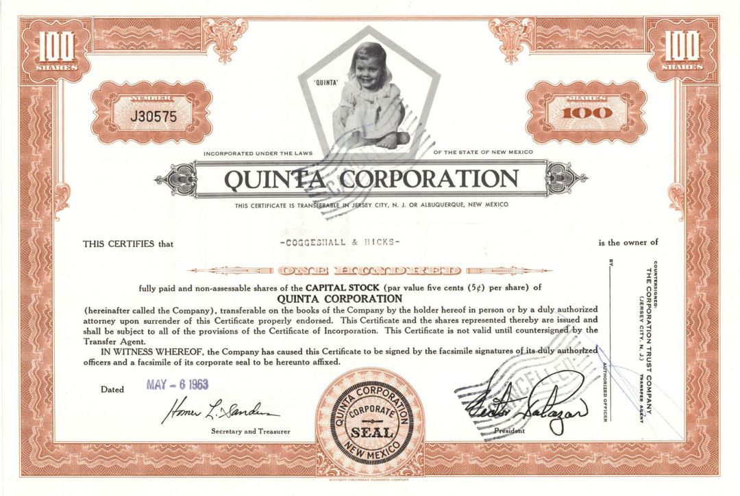 Quinta Corp.  - 19613 or 1963 dated Stock Certificate