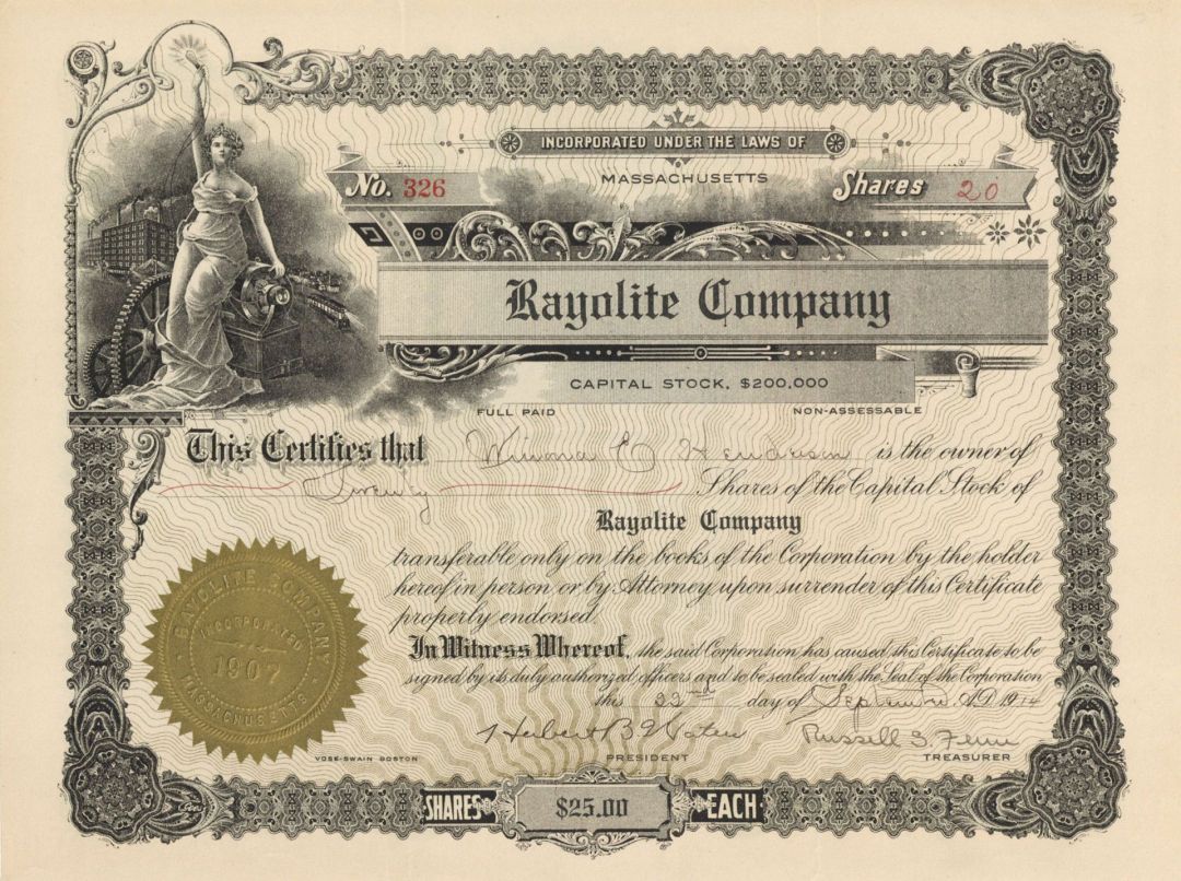 Rayolite Co.  - 1914 dated Stock Certificate (Uncanceled)