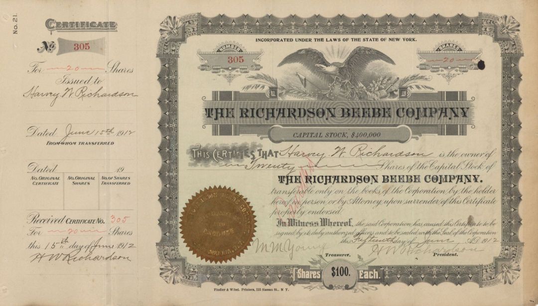 Richardson Beebe Co.  - 1912 dated Stock Certificate