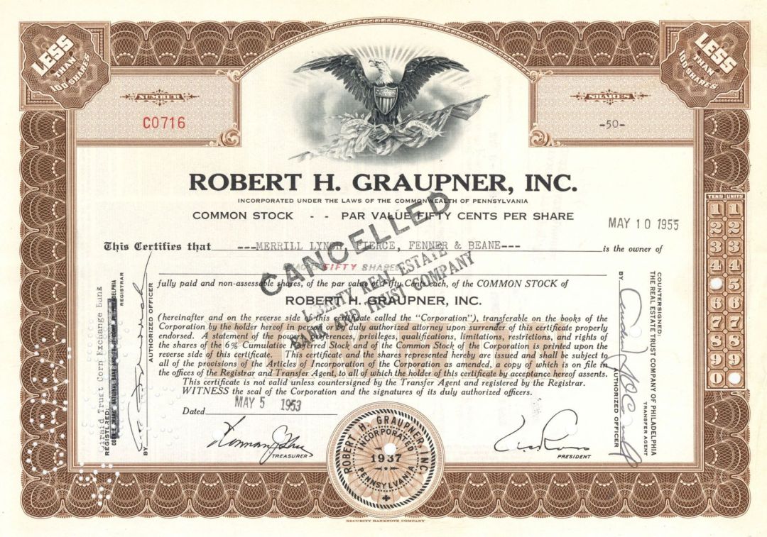 Robert H. Graupner, Inc.  - 1953 dated Stock Certificate