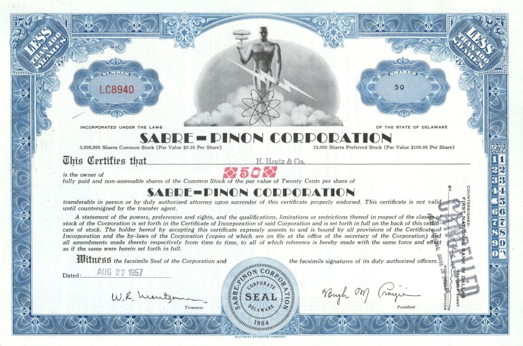 Sabre-Pinon Corp.  - 1957 dated Stock Certificate