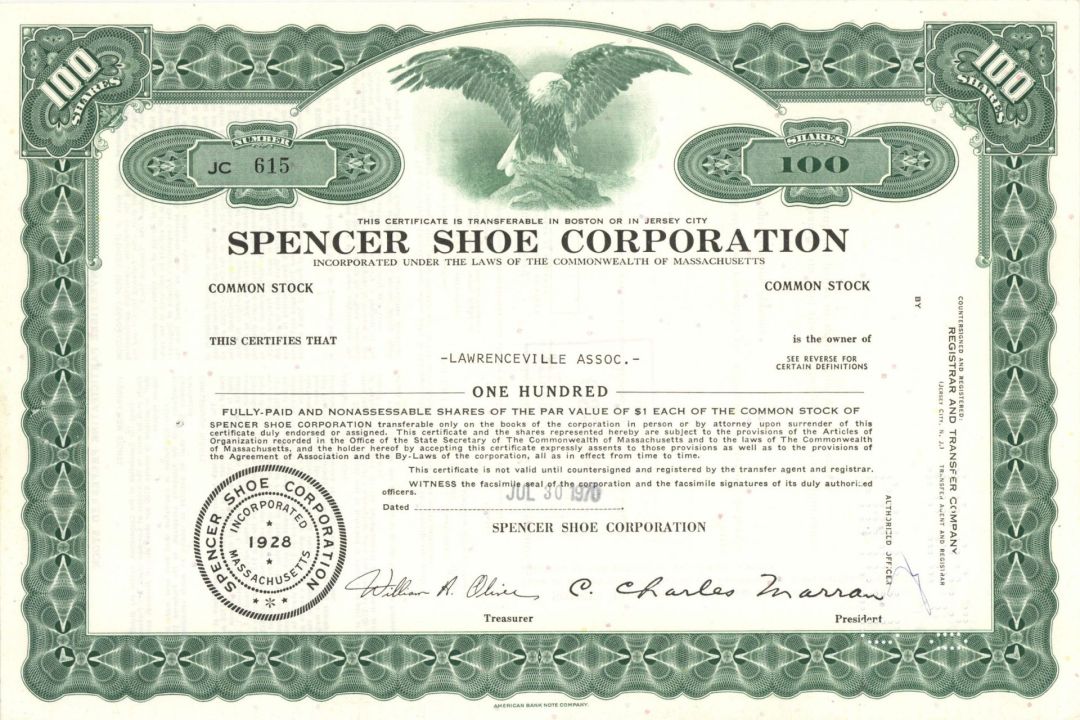 Spencer Shoe Corp.  - 1970 dated Stock Certificate