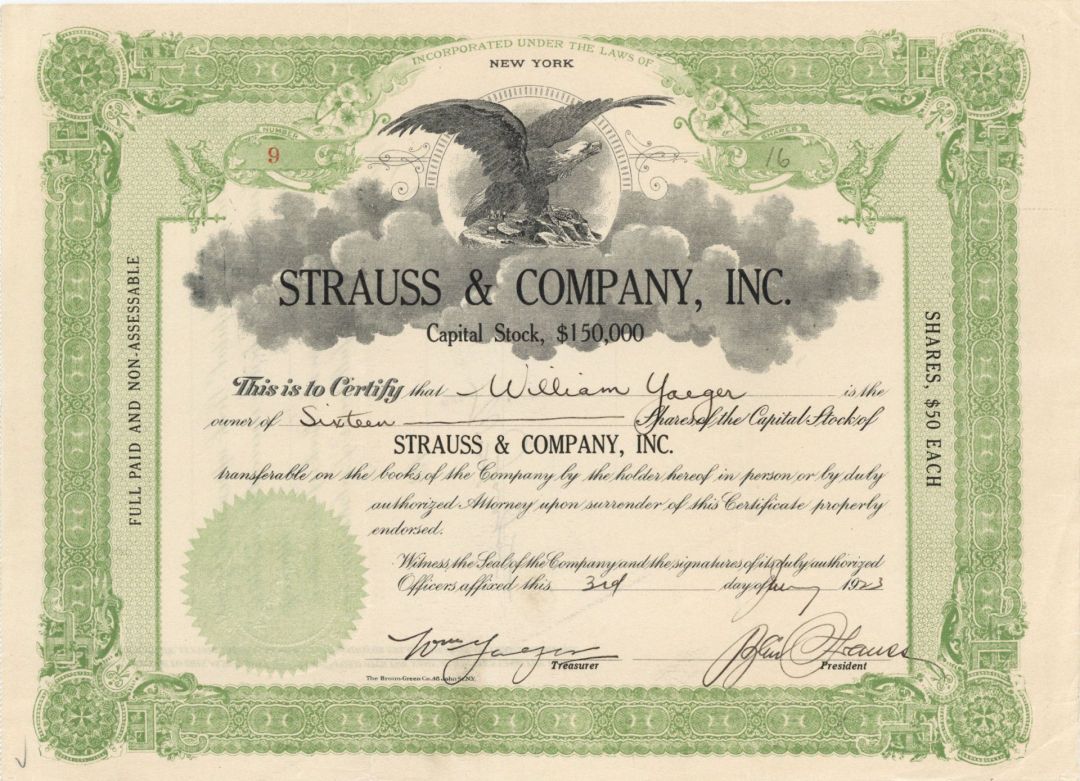 Strauss and Company, Inc.  - 1923 dated Stock Certificate (Uncanceled)