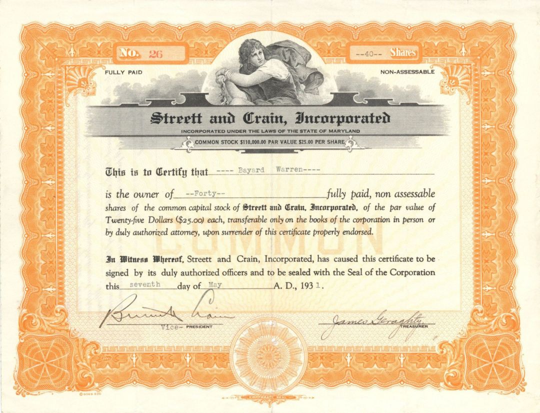 Street and Train, Inc.  - 1931 dated Stock Certificate (Uncanceled)