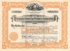 Syracuse-Erwin Clay Products Corp.  - 1928 dated Stock Certificate (Uncanceled)