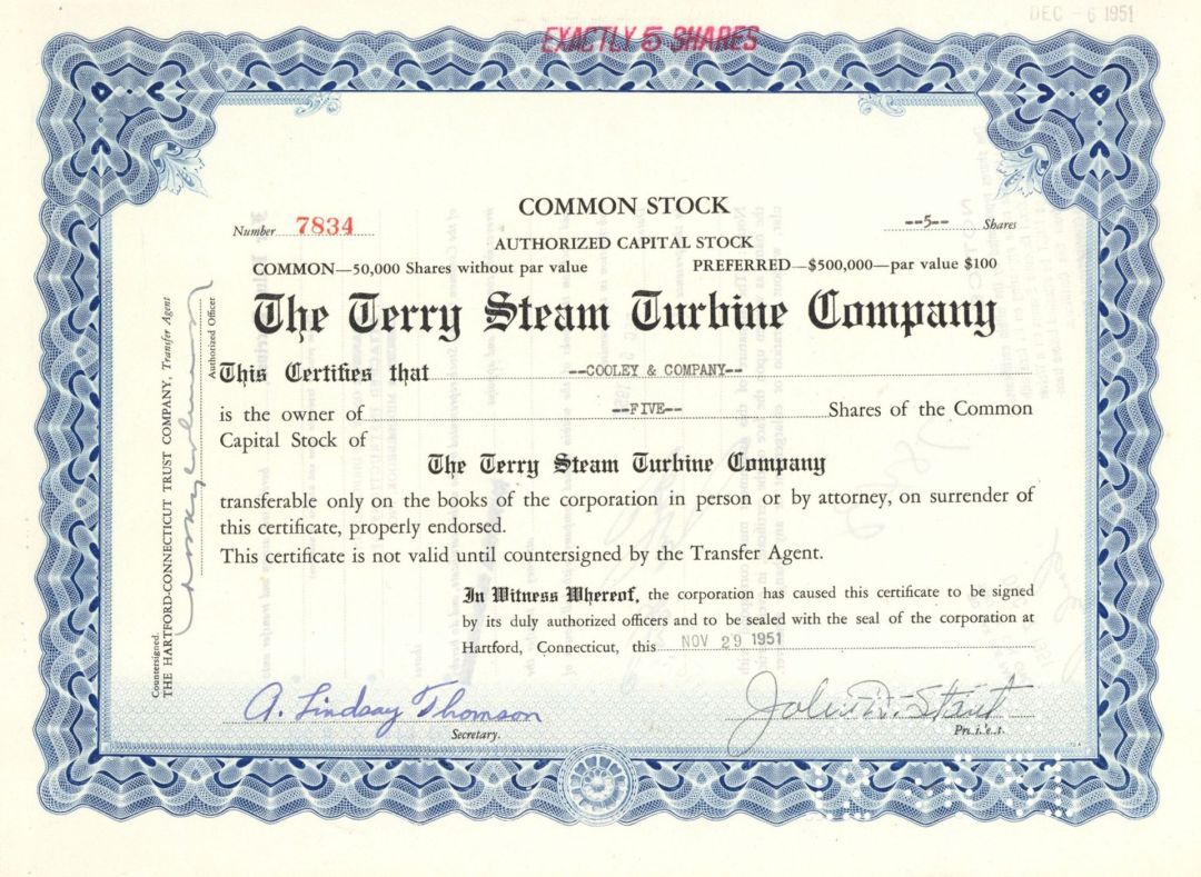 Terry Steam Turbine Co.  - 1951 or 1962 dated Stock Certificate