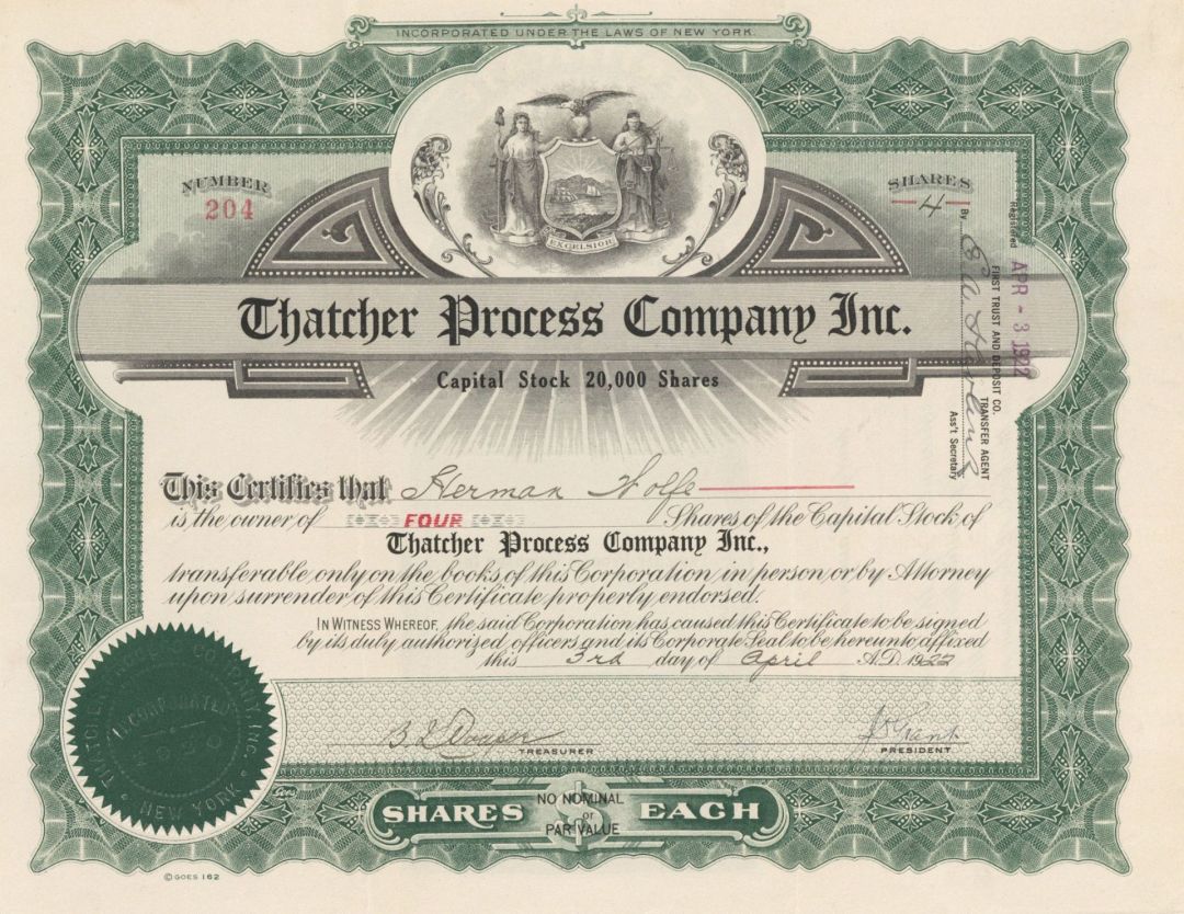 Thatcher Process Company Inc.  - 1922 dated Stock Certificate (Uncanceled)