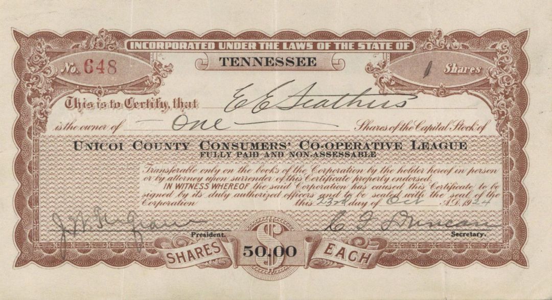 Unicot County Consumers' Co-operative League  - 1924 dated Stock Certificate (Uncanceled)