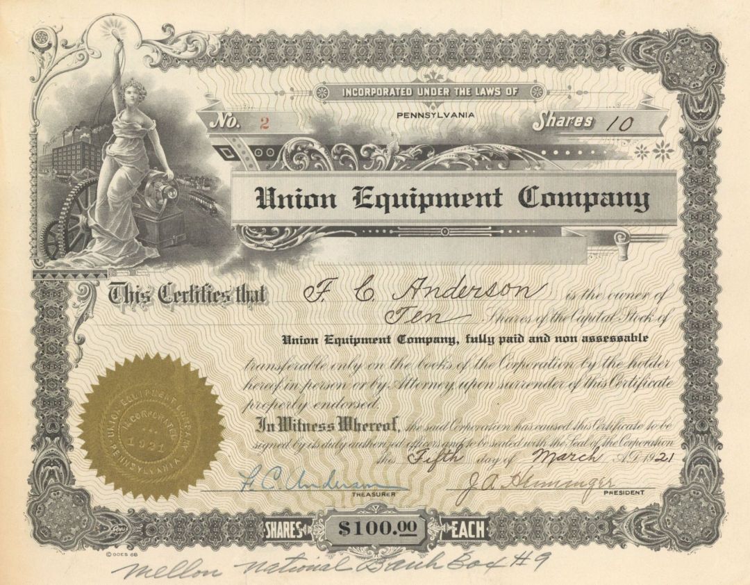 Union Equipment Co.  - 1921 dated Stock Certificate (Uncanceled)