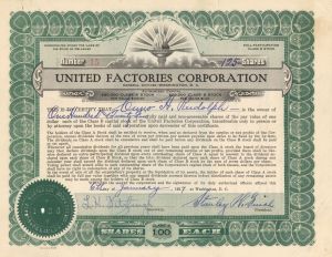 United Factories Corp.  - 1927 dated Stock Certificate (Uncanceled)