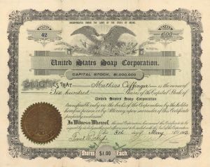 United States Soap Corp.  - 1902 dated Stock Certificate (Uncanceled)