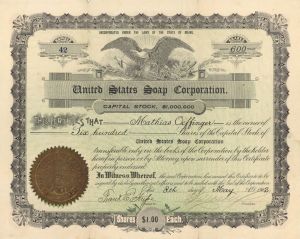 United States Soap Corp. - 1902 dated Stock Certificate (Uncanceled)