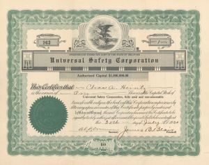 Universal Safety Corp.  - 1920 dated Stock Certificate (Uncanceled)