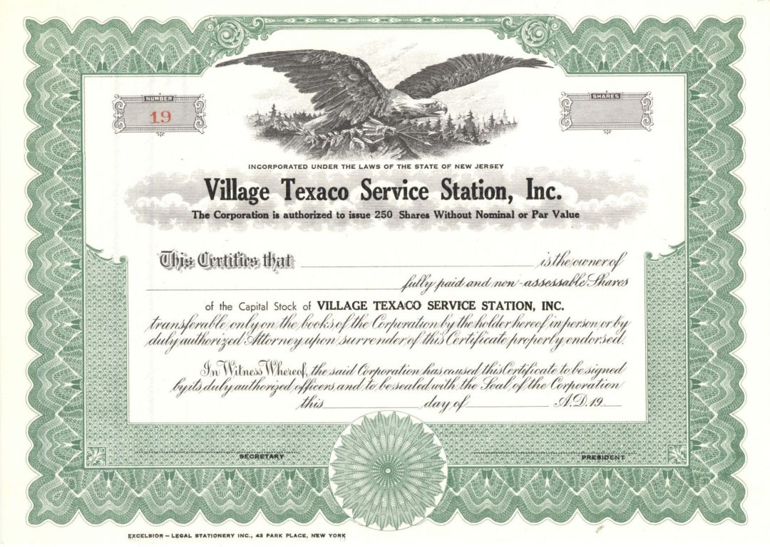 Village Texaco Service Station, Inc.  - Unissued Stock Certificate