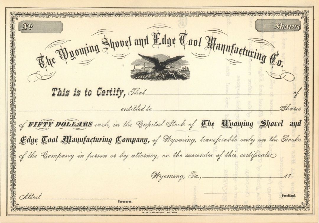 Wyoming Shovel and Edge Tool Manufacturing Co.  - Unissued Stock Certificate