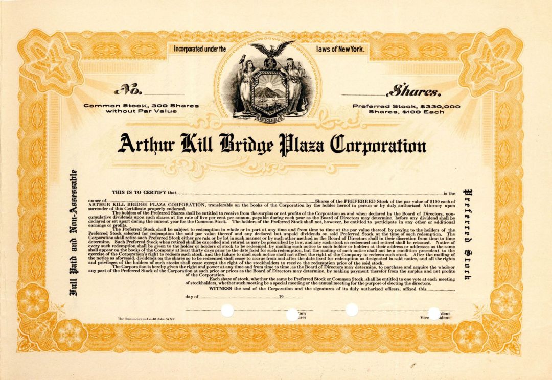 Arthur Kill Bridge Plaza Corp.  - Unissued Stock Certificate