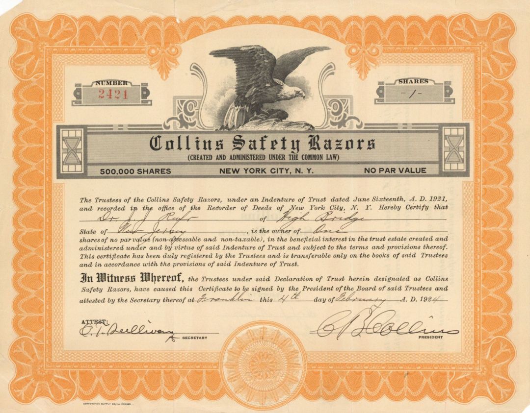 Collins Safety Razors - 1924 dated Stock Certificate