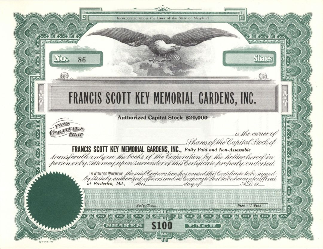 Francis Scott Key Memorial Gardens, Inc.  - Unissued Stock Certificate