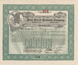 Price Cereal Products Co.  - 1917 dated Stock Certificate