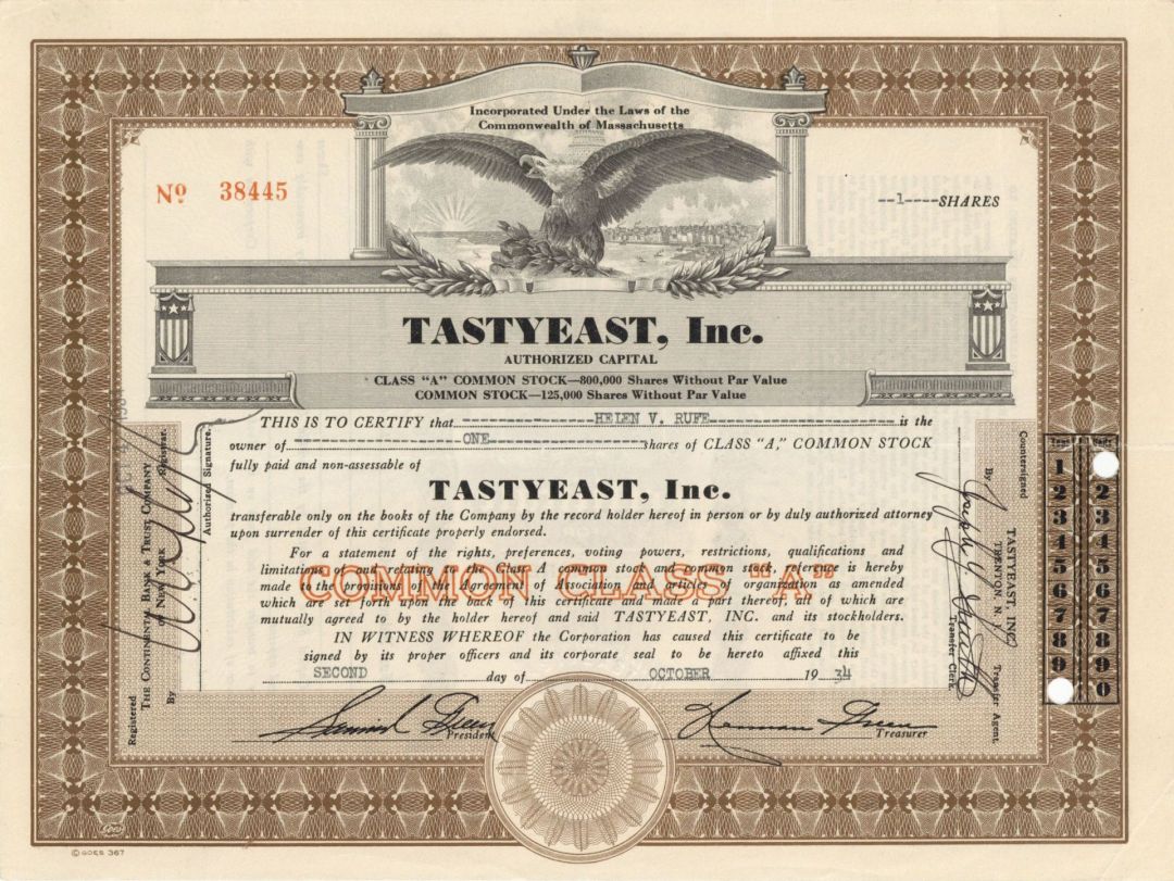 Tastyeast, Inc. - 1934 dated Stock Certificate - Candy Bar Company