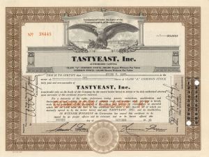 Tastyeast, Inc.  - 1934 dated Stock Certificate