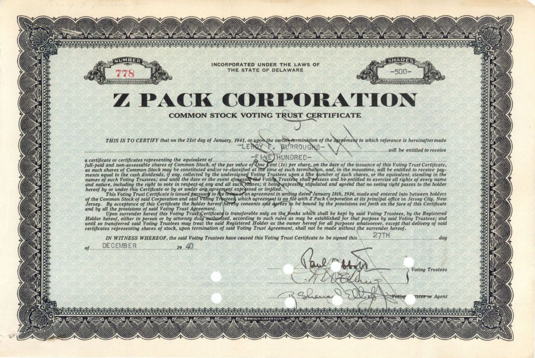 Z Pack Corp.  - 1940 dated Stock Certificate