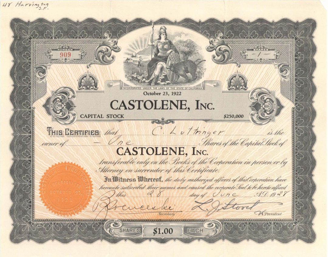 Castolene, Inc. - 1928 dated Stock Certificate