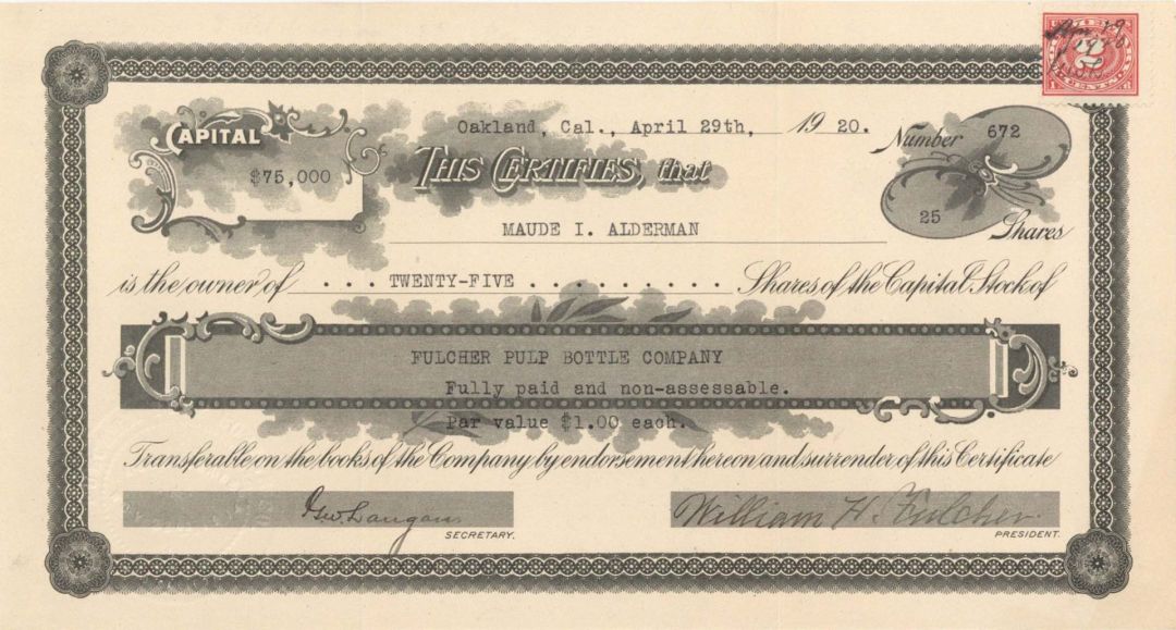 Fulcher Pulp Bottle Co. - 1920 dated Stock Certificate