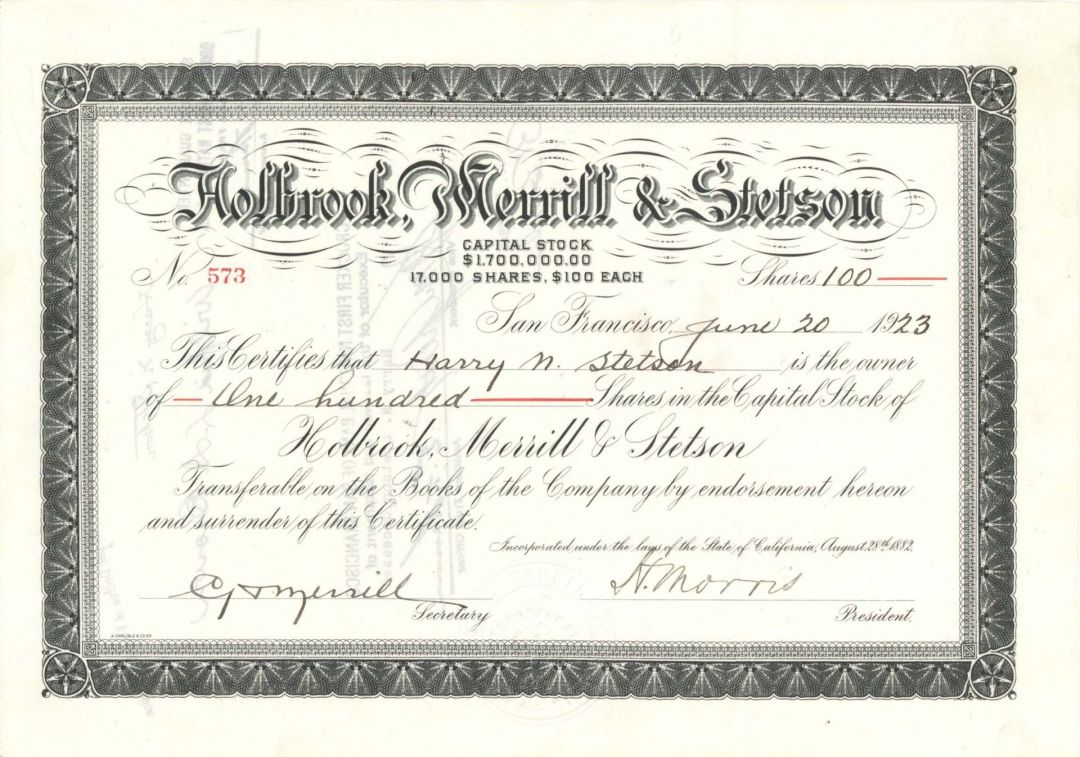 Holbrook, Merrill and Stetson - 1923 dated Stock Certificate