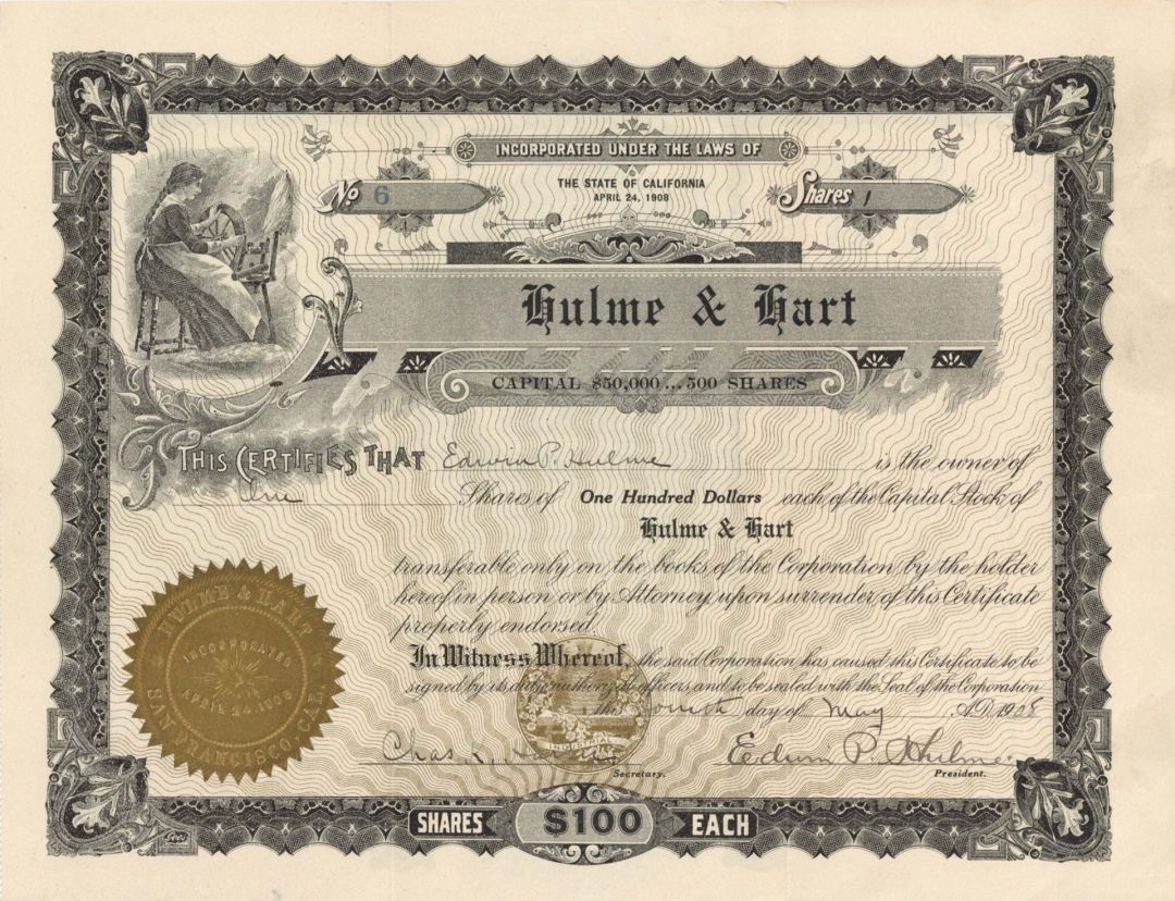 Hulme and Hart - 1908 dated Stock Certificate