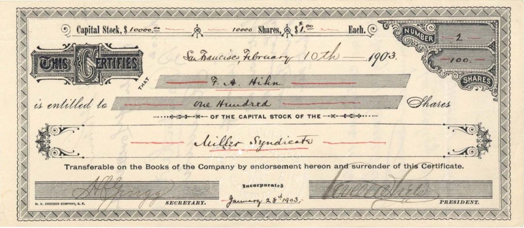 Miller Syndicate - 1903 dated Stock Certificate