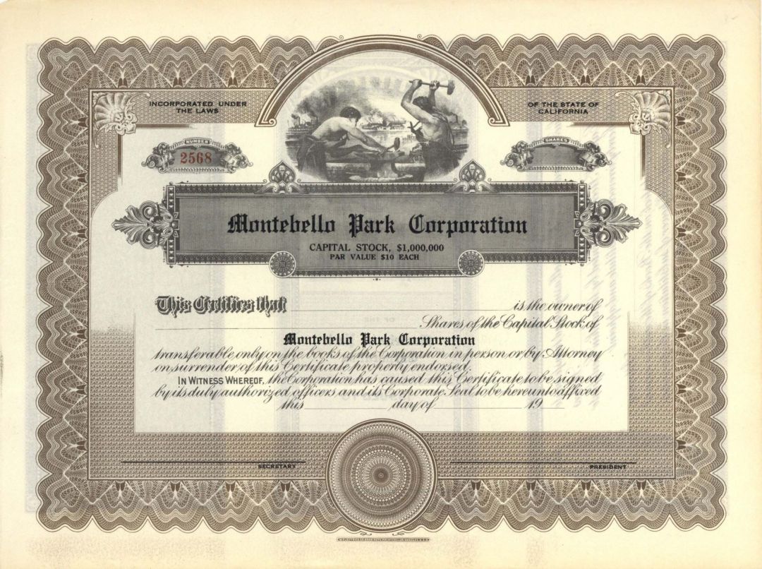 Montebello Park Corp. - Unissued Stock Certificate