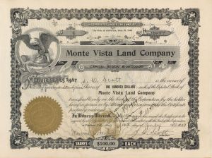 Monte Vista Land Co. - 1909 dated Stock Certificate