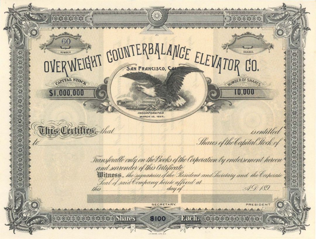 Overweight Counterbalance Elevator Co. - Unissued Stock Certificate