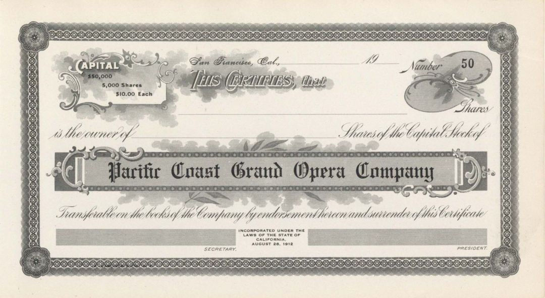 Pacific Coast Grand Opera Co. - Unissued Stock Certificate