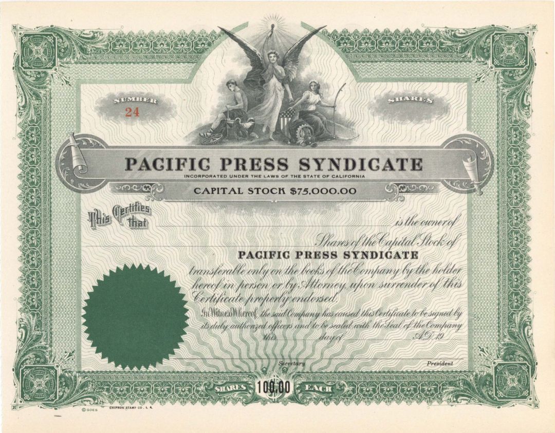 Pacific Press Syndicate - Unissued Stock Certificate